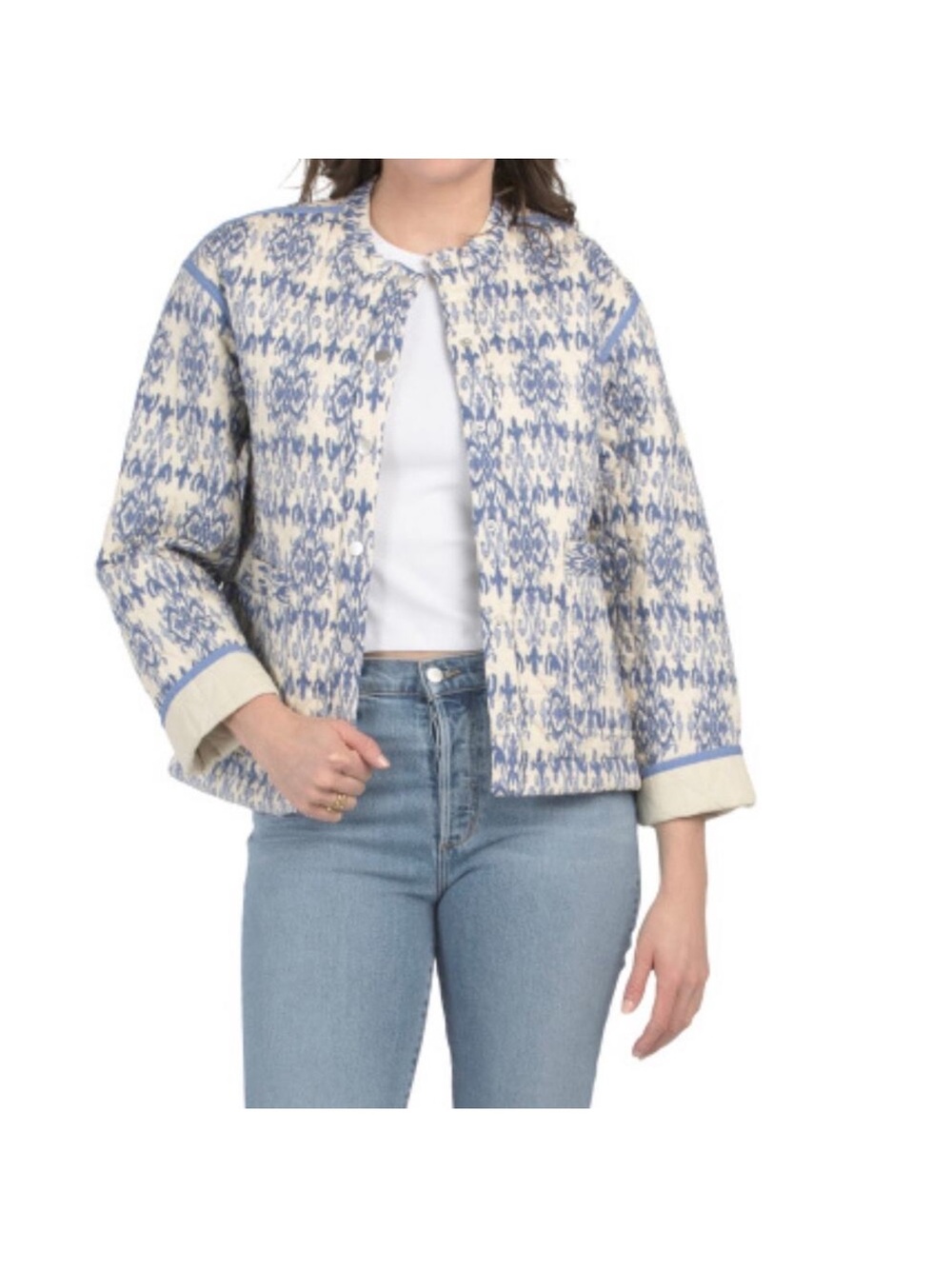 EUC Blank NYC Blue and Cream quilted jacket 
 floral escape printed cottagecor